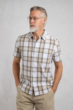 Benjamin Textured Check Shirt Stone -WeirdFish Clothing Shop 124197
