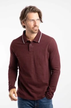 Theo Organic Cotton Textured Jersey Long Sleeve Polo Bitter Chocolate