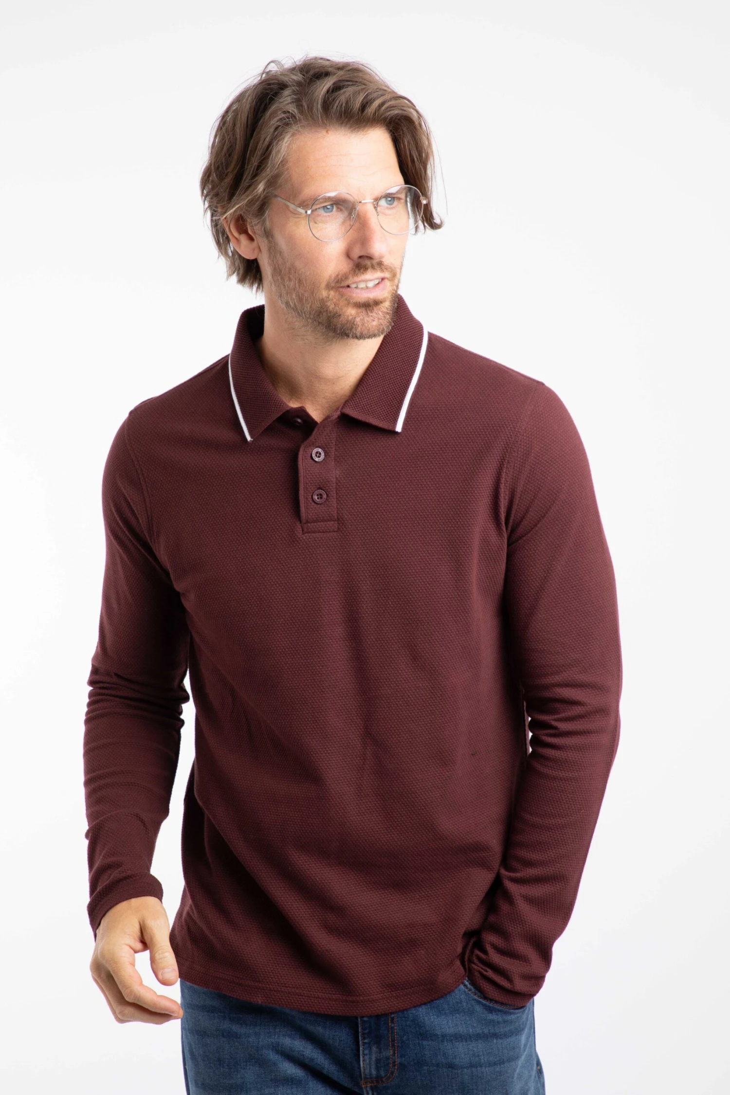 Theo Organic Cotton Textured Jersey Long Sleeve Polo Bitter Chocolate 1 Theo Organic Cotton Textured Jersey Long Sleeve Polo Bitter Chocolate